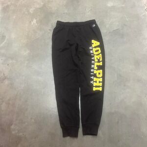 Adelphi Univeristy men's black champion spell out logo jogger sweatpants L